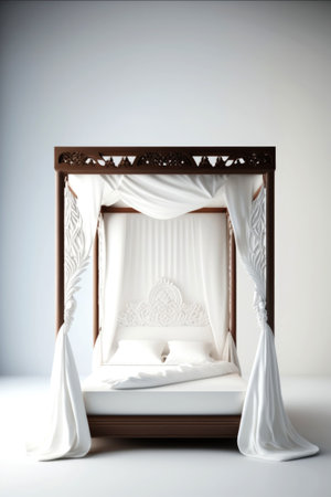 Wooden canopy bed with white curtains on gray background. 3d renderingの素材