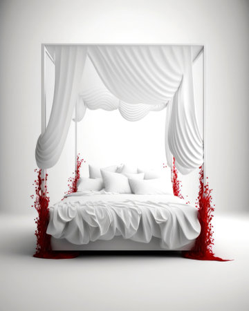 3d illustration of a white bed with a red curtain on a white backgroundの素材