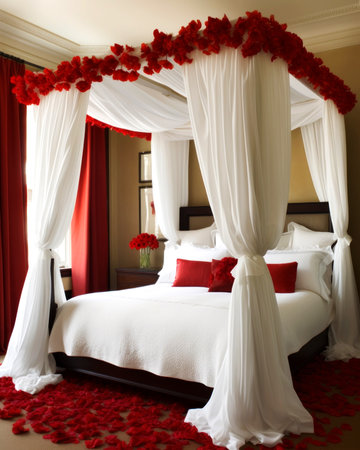 Wedding decoration in a hotel room with red and white curtainsの素材