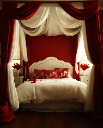 Interior of a bedroom with red curtains and a white double bedの素材