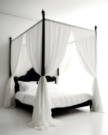 interior of a modern bedroom with a double bed and white curtainsの素材