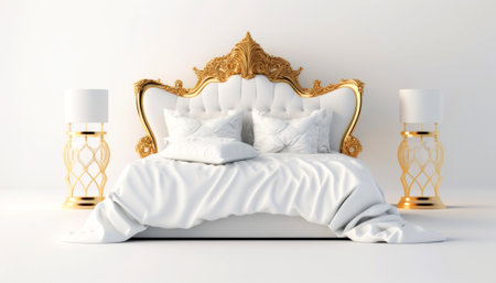Luxury bedroom interior with golden king size bed. 3d renderingの素材