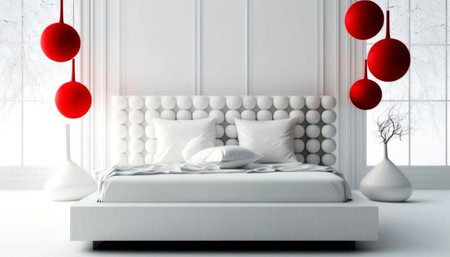 3d rendering of bedroom interior with white bed and red christmas ballsの素材