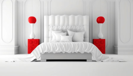 3d rendering of white bed with red pillows in modern bedroomの素材