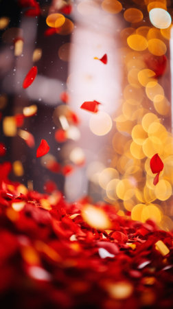 Red rose petals fly in the air on a bokeh backgroundの素材
