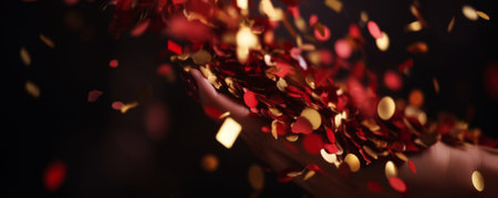 Close-up of female hand holding golden confetti on dark backgroundの素材