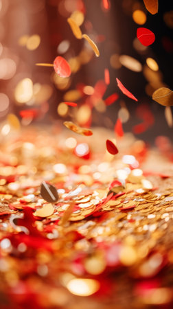 Golden confetti with bokeh effect. Festive background.の素材