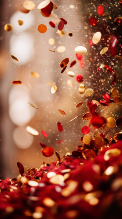 Golden confetti falling on the table. Festive background with bokeh effect.の素材