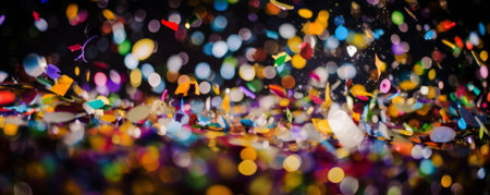Colorful confetti and tinsel on a bokeh backgroundの素材