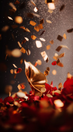 Golden rose petals falling on the floor with flying gold confetti.の素材