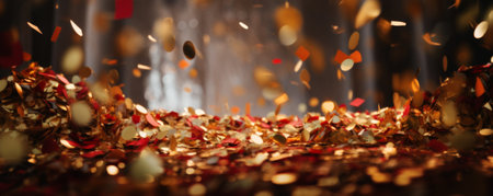 Golden confetti and tinsel falling on the floor. 3d illustrationの素材