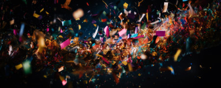 Flying confetti and ribbons on black background, 3D renderingの素材