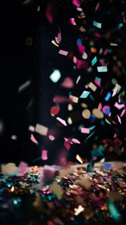 Colorful confetti on a black background. Festive background.の素材