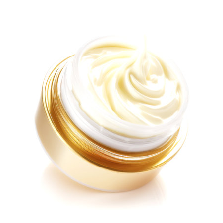 Cosmetic cream in a golden jar isolated on a white background.の素材