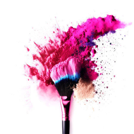 Makeup brush with colorful explosion of powder isolated on white background.の素材