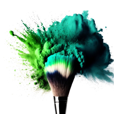 Makeup brush with green and blue powder explosion isolated on white backgroundの素材