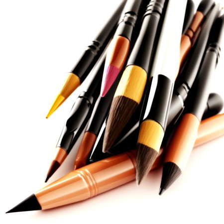 Paint brushes on a white background. Close-up. Selective focus.の素材