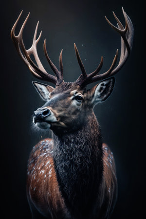 Portrait of a deer with big antlers on a black backgroundの素材