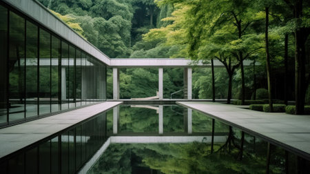Modern building in the park with reflection of trees in the water.の素材