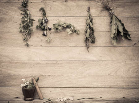Herbs hanging on a wooden floorの写真素材