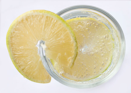 lemon soda, sparkling water, top view.