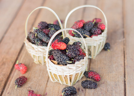 Mulberry baskets on old wooden floor.