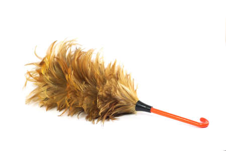 Old feather broom for cleaning isolated on white background, symbol photo for cleanliness and careの写真素材