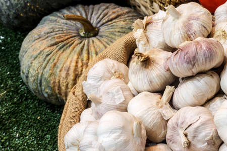 Garlic in sack bag on green artificial grass backgroundの写真素材