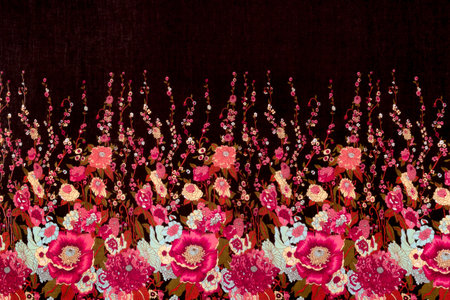 Red flowers seamless pattern on black fabric background
