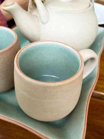 Cup of tea on wood tableの写真素材