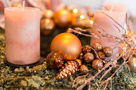 advent wreath with baubles and candlesの写真素材