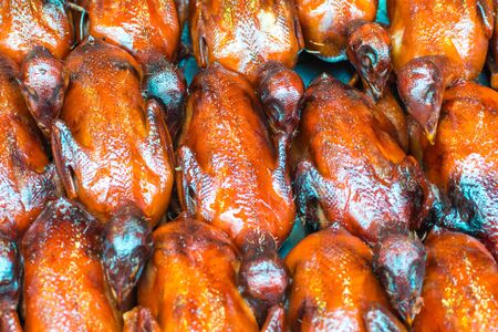Asian dish with grilled little birds served on the street in Beijingの写真素材