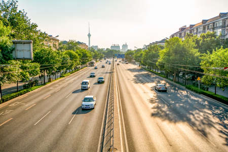 BEIJING, CHINA 21 MAY 2016, view on the broad roads of Beijing on a sunny day with low smow level on 21 May 2016のeditorial素材