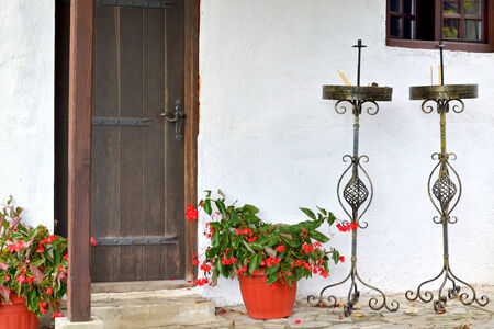 Front door of a small rural Orthodox church in Macedoniaの写真素材