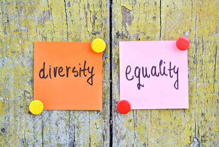 Stickers with words Diversity and Equality on wooden backgroundの写真素材