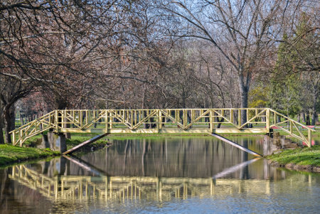 Small yellow bridge over the stream in the city parkの写真素材