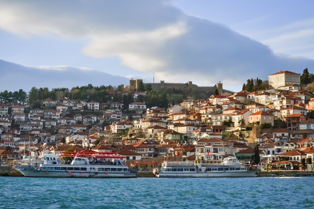 Old part of Ohrid city in southern Macedonia during the sunsetの写真素材