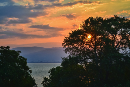Beautiful golden  sunrise over the lake in a peaceful summer morningの写真素材