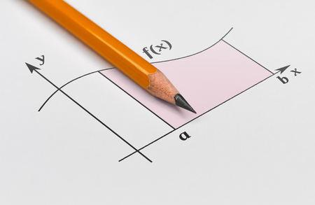 Yellow pencil and graph of a function with shaded area under itの写真素材