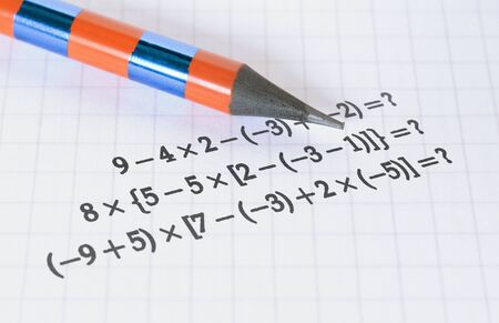 Example of the basic math operations and a pencil on bright backgroundの写真素材
