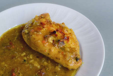 Detail of a dish of chicken meat in tasty curry sauceの写真素材