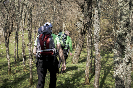 Strong hiker climbing on the mountain. Hiker on his adventure to the top.の写真素材