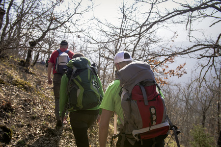 Group of friends walking along hiking trail path. Hikers on their adventure.の写真素材