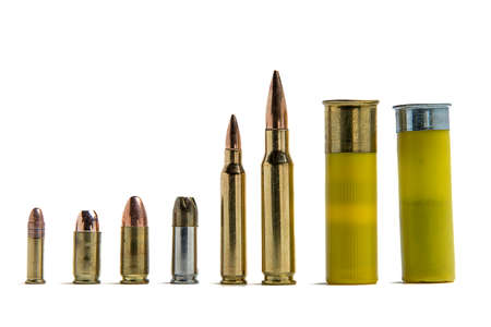 Several different shells lined up for size comparison: .22lr, .380, 9mm fmj, 9mm jhp, .556, .308, 20 gauge shotshell.の写真素材