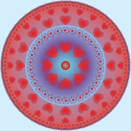 round ornament of hearts and flowers in pink and blue tonesの写真素材