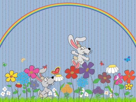 lawn with rabbits, flowers and butterflies under the rainbowのイラスト素材