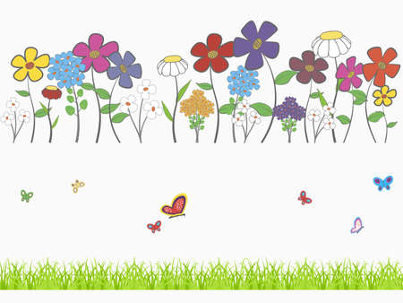 Background - floral cartoon  set with flowers, grass and butterfliesのイラスト素材