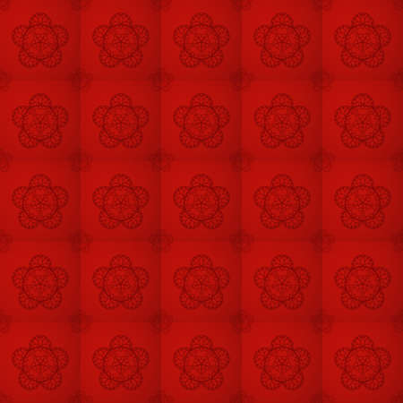 Seamless background- lace flowers on  a red-burgundi quilted texture. EPS10 vector illustration, swatch included.のイラスト素材