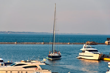 Luxurious yacht in the harbor.