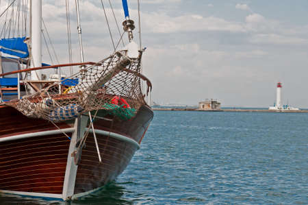 Yacht closeup- fragment of luxury wooden yacht の写真素材